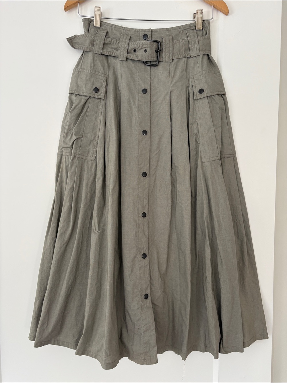 Vintage 80s Utility A-Line Midi Skirt with Belt